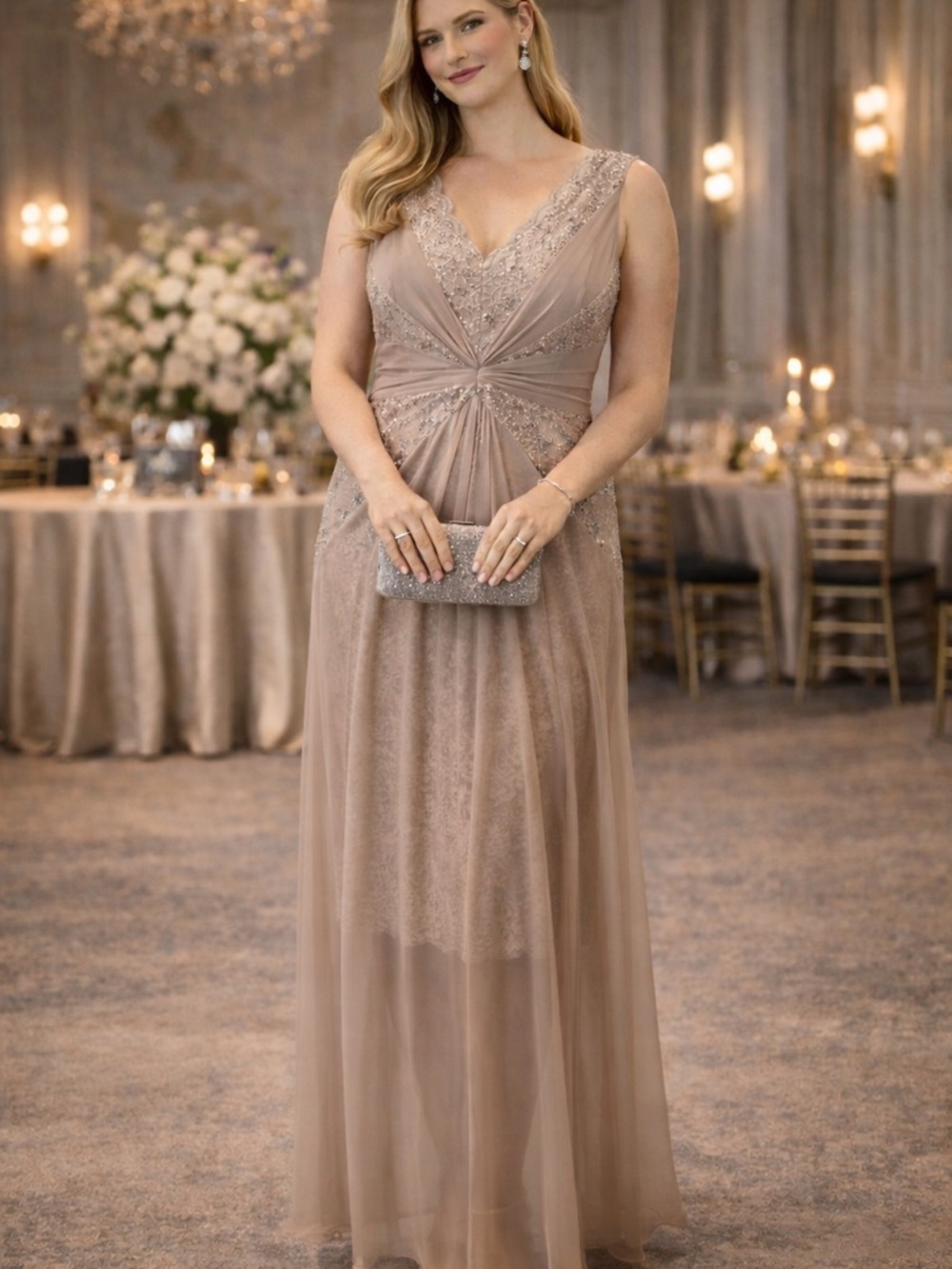 Alex Evenings Blush Taupe Lace V-Neck Maxi Gown